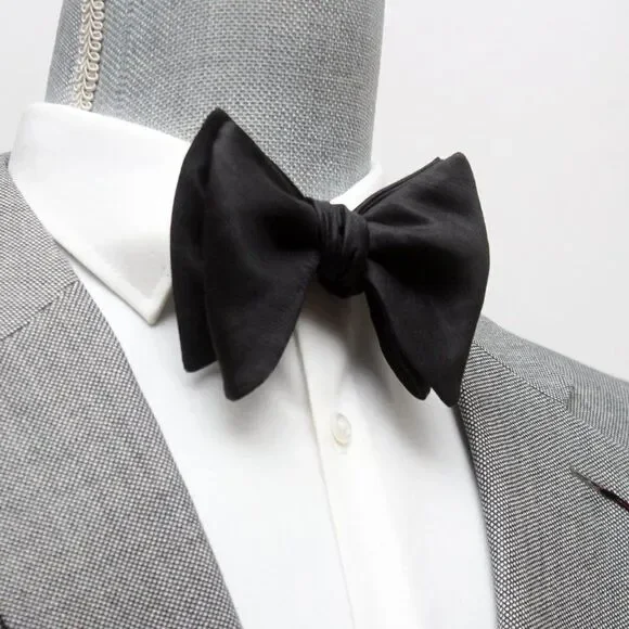 Men's Self tied Bow Tie Black Big Butterfly Bow‎ tie Silk Linen Pin Strip…